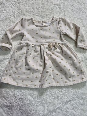 Carters 12 Month Cream Heart Print Long Sleeve Dress with Gold Heart Accents